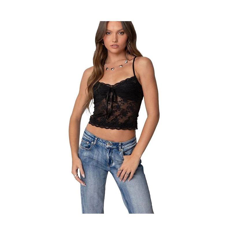 Edikted Womens Cami Sheer Lace Tank Top