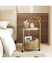Gymax 2-Tier Mobile Glass Coffee Table w/ Bear Pattern Storage Basket Transparent & Golden