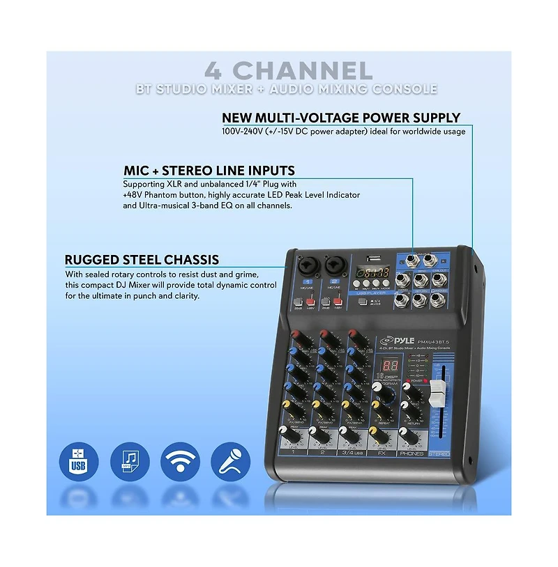 Pyle 4-Channel Bluetooth Pro Audio Dj Sound Mixer