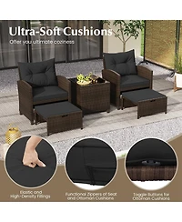5 Piece Patio Rattan Furniture with 2 Ottomans & Tempered Glass Coffee Table