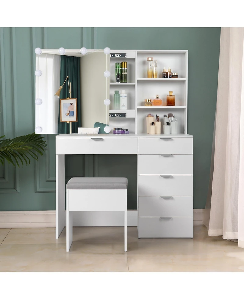Slickblue White Dressing Table Set with 6 Pumps, 2 Shelves, Mirror Cabinet & 3-Tone Light Bulbs