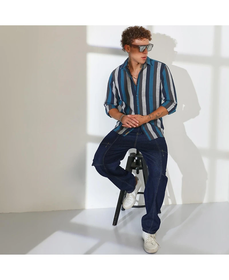 Men's Navy Blue & Ash Grey Block-Striped Shirt
