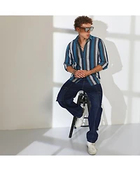 Men's Navy Blue & Ash Grey Block-Striped Shirt