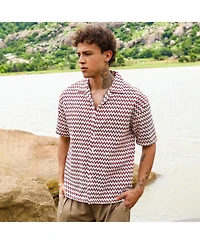 Men's Terracotta Brown & Powder White Chevron-Striped Oversized Shirt