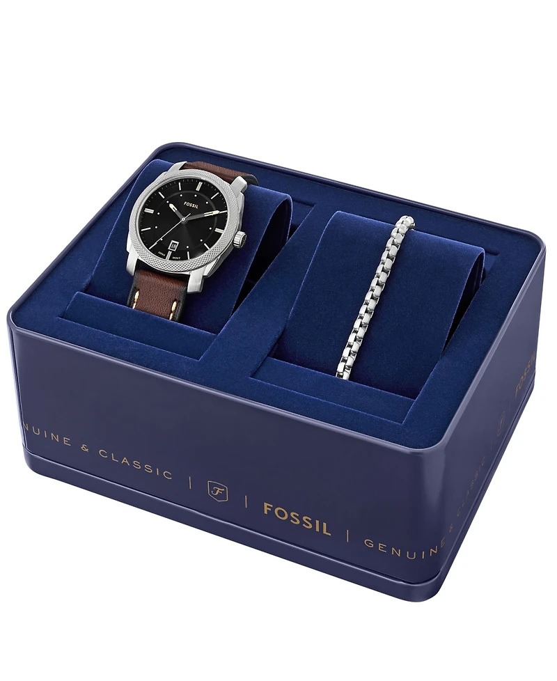 Fossil Men's Machine Three-Hand Date Brown Leather Watch and Bracelet Set, 42mm