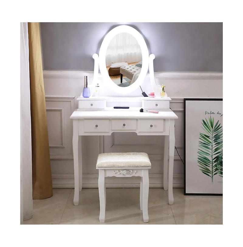 Slickblue 5-Drawer Dressing Table with Single Mirror and Light Bulbs Stylish Vanity for Makeup