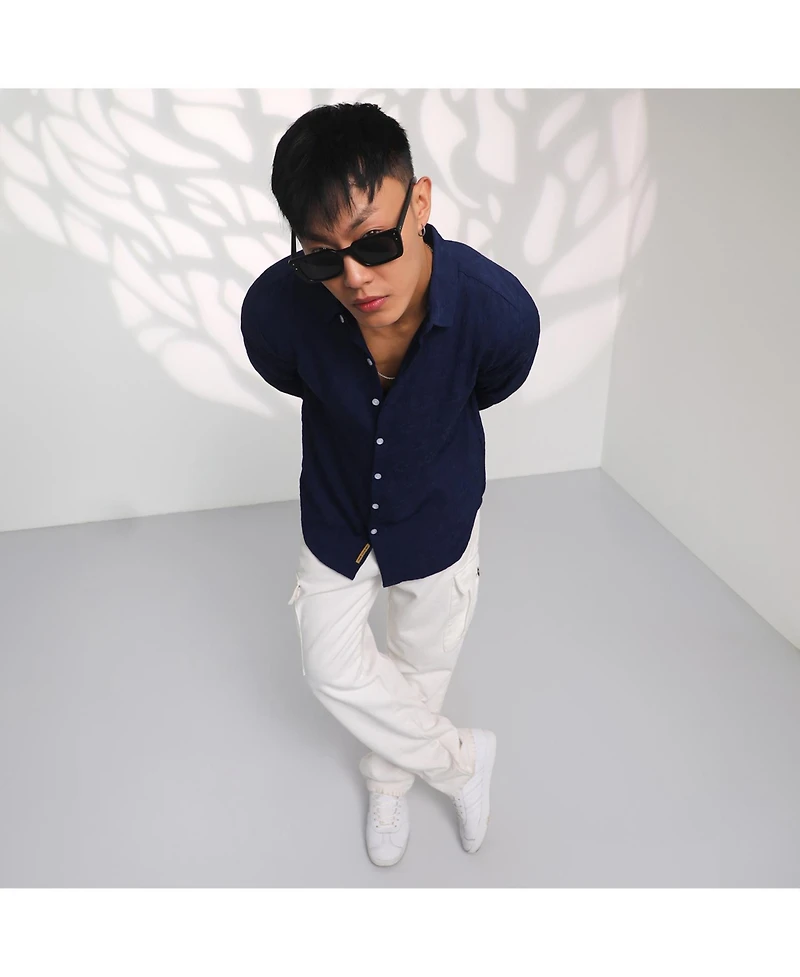 Men's Navy Blue Floral-Textured Shirt