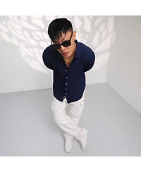 Men's Navy Blue Floral-Textured Shirt