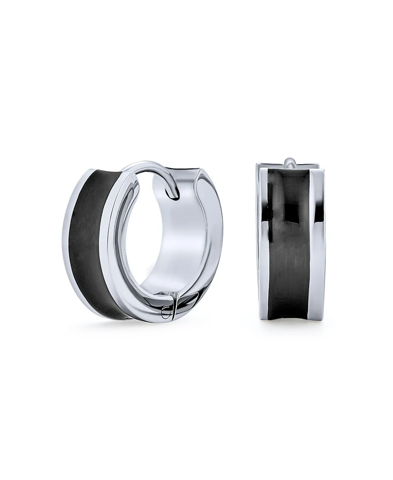 Bling Jewelry Earrings Two Tone Striped Black Enamel Huggie Hoop Silver Tone Stainless Steel