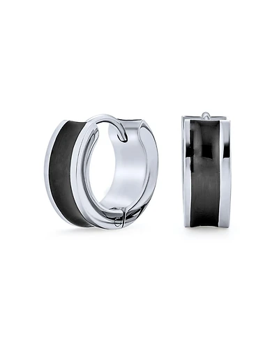 Bling Jewelry Earrings Two Tone Striped Black Enamel Huggie Hoop Silver Tone Stainless Steel