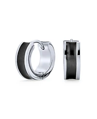 Bling Jewelry Earrings Two Tone Striped Black Enamel Huggie Hoop Silver Tone Stainless Steel