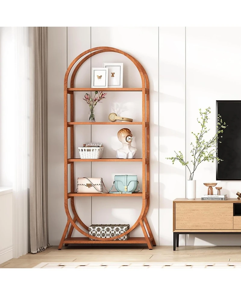 Tribesigns 5-Tier Open Bookshelf, 70.8" Tall Arched Bookcase, Modern Brown Metal Frame Storage Bookshelves, Freestanding Display Rack Shelving Unit fo