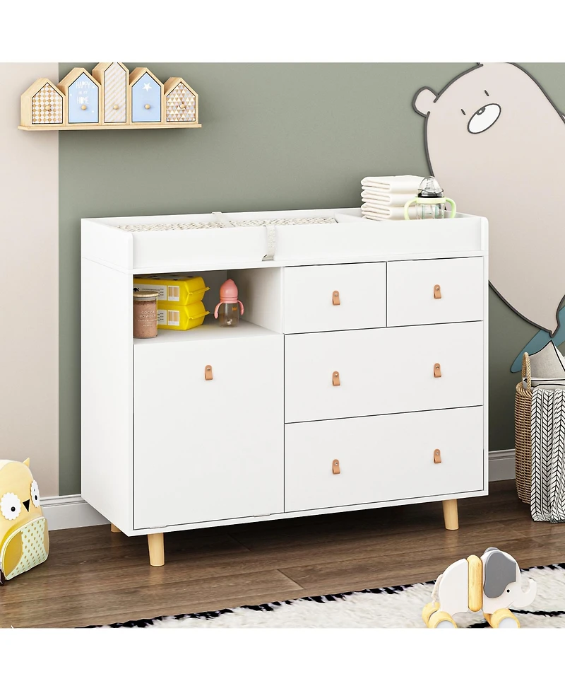 Diaper Table with 4 Drawers, Baby Changing Station with Storage Compartments