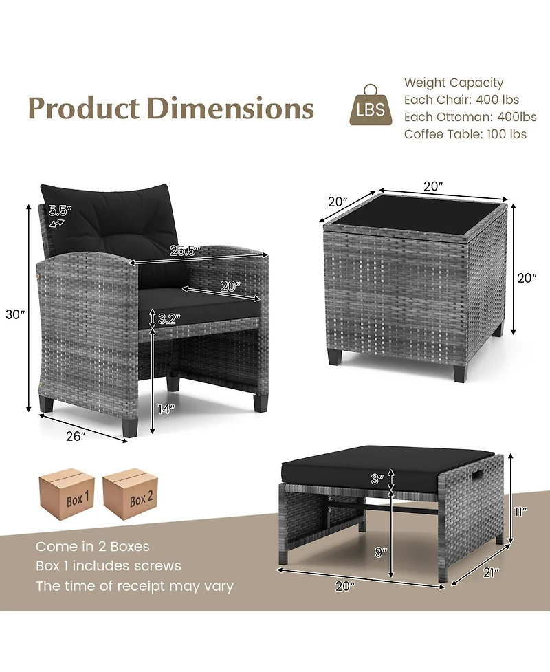 5 Piece Patio Rattan Furniture with 2 Ottomans & Tempered Glass Coffee Table