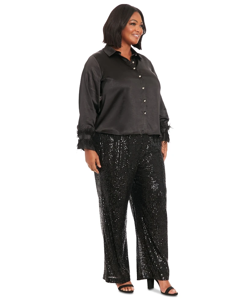 Muse Plus Collared Feather-Trim-Sleeve Satin Shirt