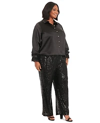Muse Plus Collared Feather-Trim-Sleeve Satin Shirt