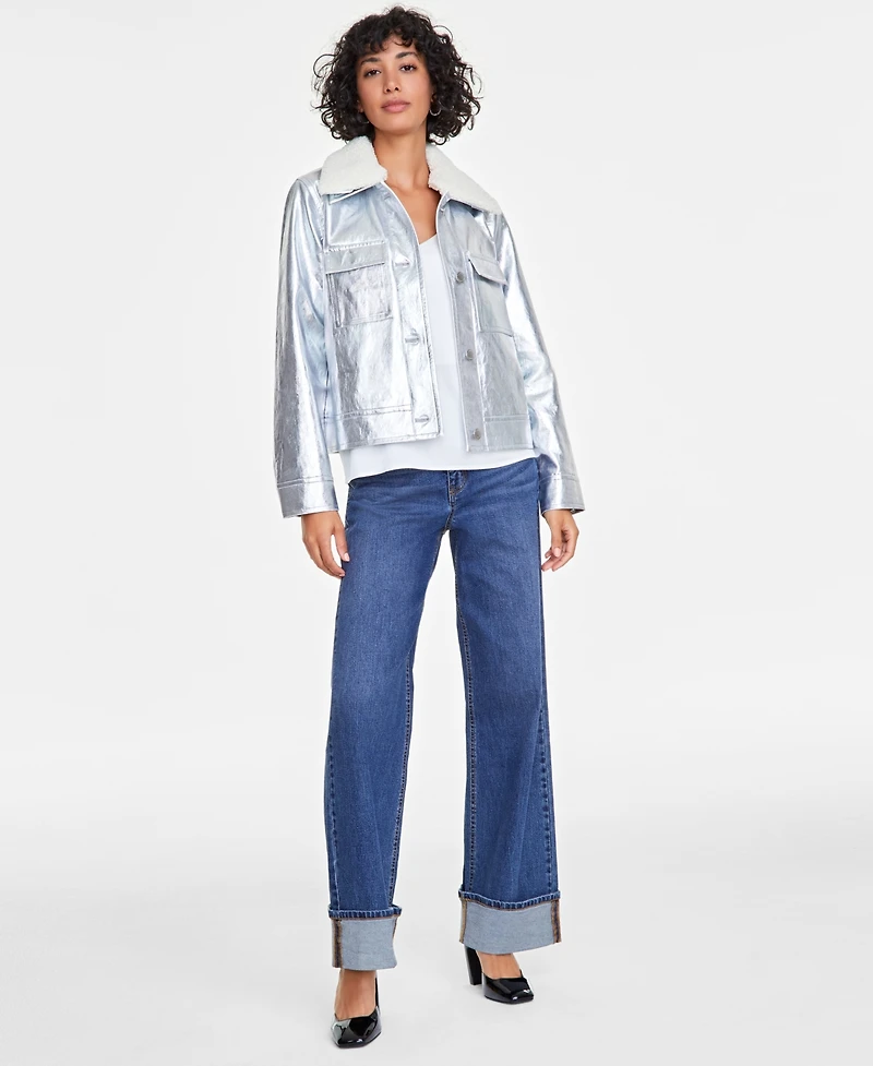 On 34th Women's Solid Metallic Faux-Leather Jacket with Removable Faux-Sherpa Collar, Exclusively at Macy's