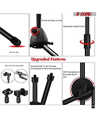 5 Core Tripod Mic Stand Pair Floor Adjustable 31 to 76 Inches Boom Arm Holder Microphone Stands 360 Degree Rotating + Dual Mic Ms Dbl 2PCS