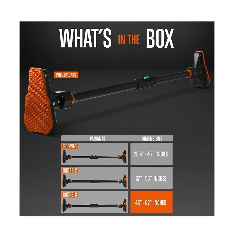 Squatz Doorway Pull Up and Chin Up Bar With Adjustable Width and Automatic Locking, 42.9” - 62.2” Inches