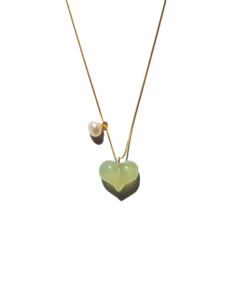 Puffed heart — Green jade & pearl pendant necklace