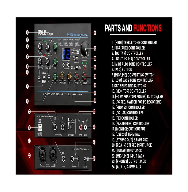 Pyle Professional Usb Audio Interface with Mic/Line, Guitar, Aux, and Rca Inputs