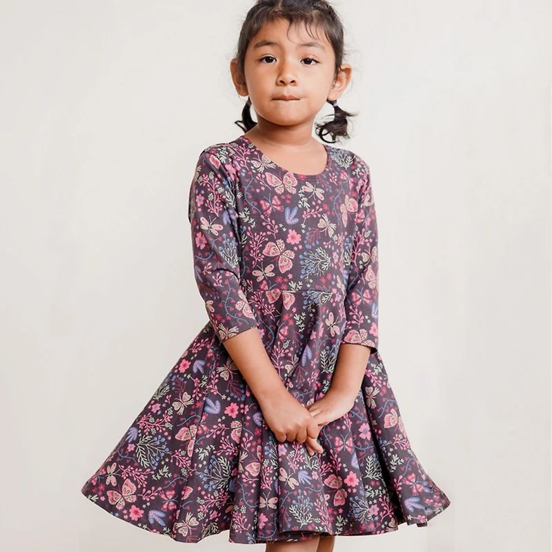 Mightly Toddler Girls Fair Trade Organic Cotton Print 3/4 Sleeve Twirl Dress