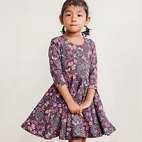 Mightly Toddler Girls Fair Trade Organic Cotton Print 3/4 Sleeve Twirl Dress
