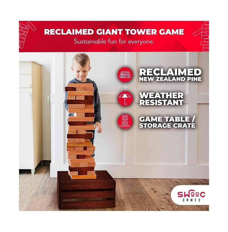 Reclaimed Wood Giant Tower Game with Storage Crate / Outdoor Game Table Set | 60 Large Blocks | Jumbo Lawn Games
