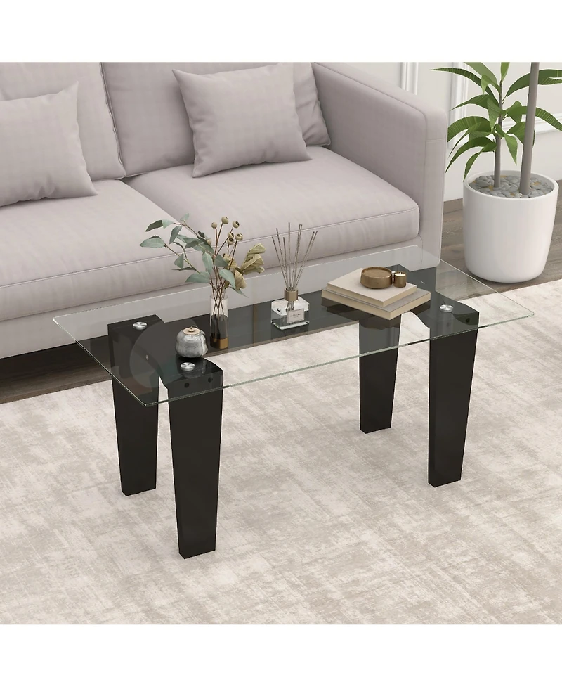 Gymax Rectangle Coffee Table Modern Tempered Glass Top Accent Table Black