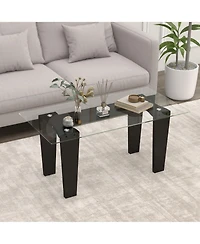 Gymax Rectangle Coffee Table Modern Tempered Glass Top Accent Table Black