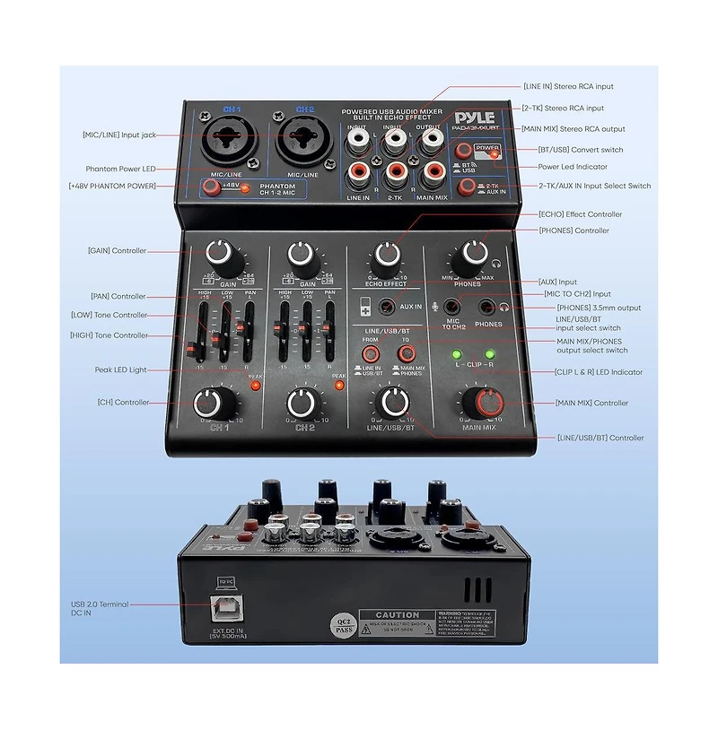Pyle Compact Bluetooth Dj Mixer Interface with Usb Audio and Phantom Power