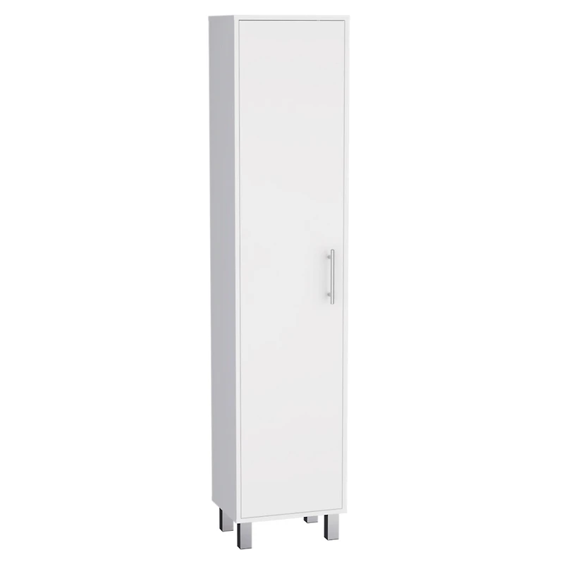 Dryden Tall Narrow Storage Cabinet with 5-Tier Shelf and Broom Hangers, White