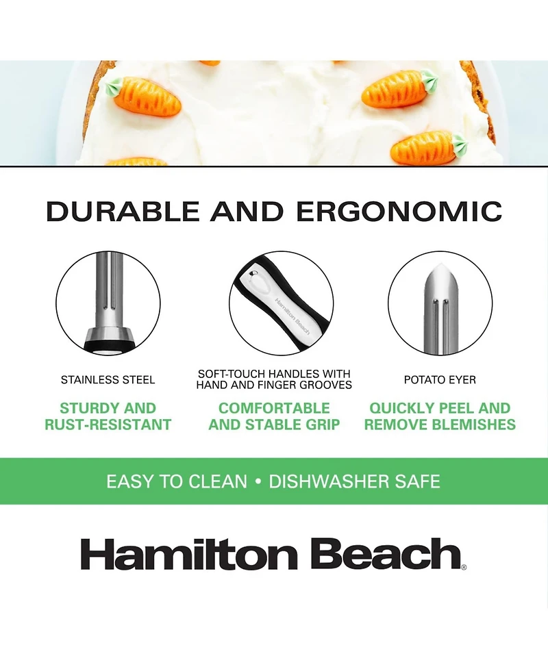 Hamilton Beach Peeler Stainless Steel 8in soft touch handle, Vegetable Peeler Ergonomic Handle for Safety and Control & Sharp Blade, Great for Apples,