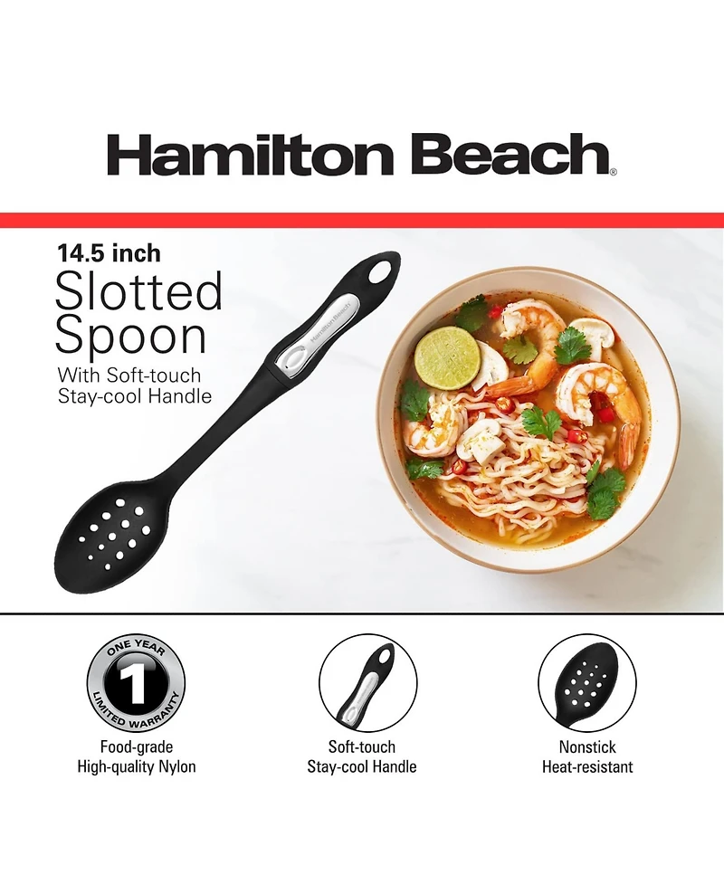 Hamilton Beach Cooking Slotted Spoons, Non-Stick Cookware, Comfortable Soft & Durable Plastic Handle, Seamless, Rustproof, Heat Resistant Serving Spoo