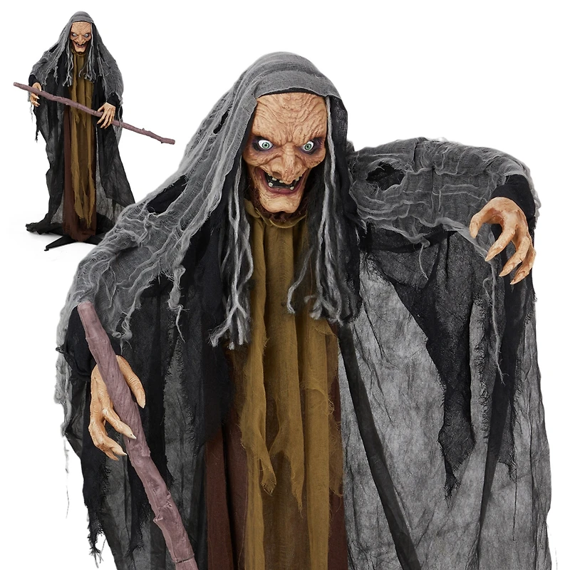 Yescom Animated Halloween Scary Witch 5.3FT Standing Crutch,Sound Activated Led Eyes,Party Decoration 2024