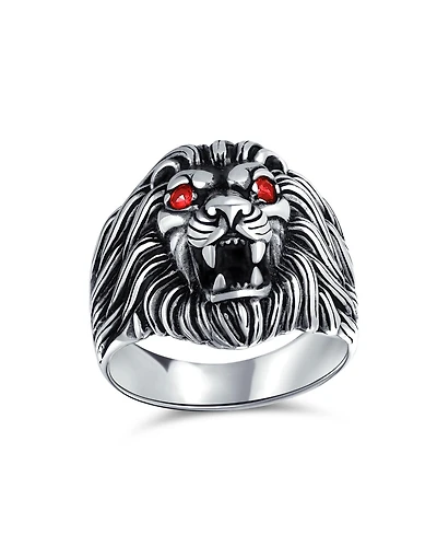 Bling Jewelry Red Crystal Eyes Roaring King Of Jungle Lion Ring Solid Oxidized .925 Sterling Silver