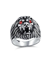 Bling Jewelry Red Crystal Eyes Roaring King Of Jungle Lion Ring Solid Oxidized .925 Sterling Silver