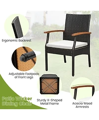 4PCS Patio Pe Wicker Chairs Acacia Wood Armrests with Soft Zippered Cushion Balcony