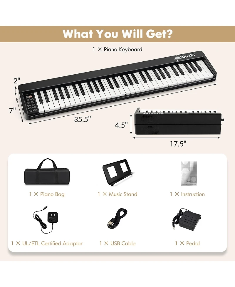 Gymax 61 Key Full Size Folding Piano Semi-Weighted Keyboard Midi Wireless Connection