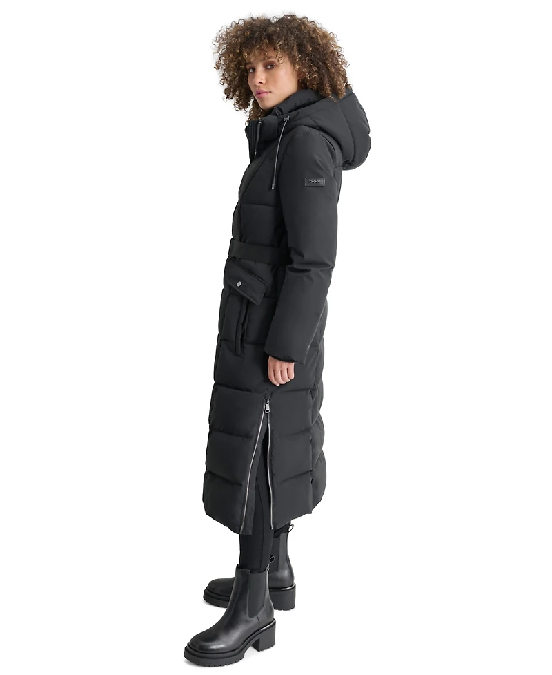 Dkny Womens Maxi Belted Hooded Puffer Coat