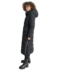 Dkny Womens Maxi Belted Hooded Puffer Coat