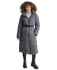 Dkny Womens Maxi Belted Hooded Puffer Coat