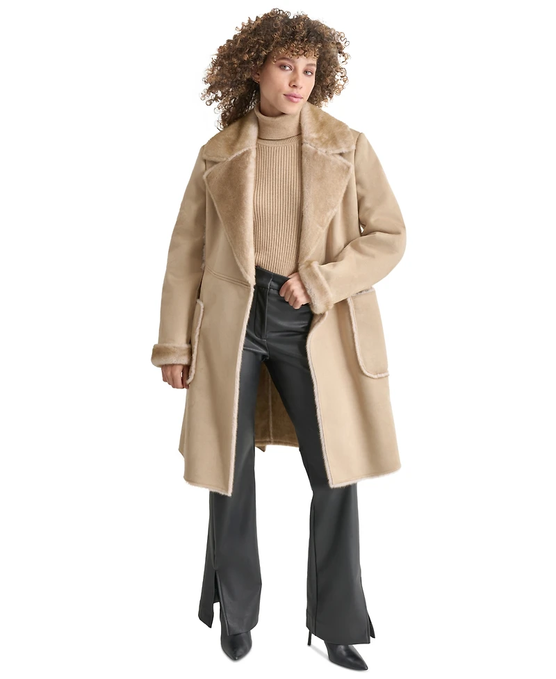 Dkny Women's Belted Notched-Collar Faux-Shearling Coat, Created for Macy's