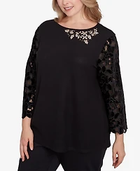 Ruby Rd. Plus Size Velvet Rosette Lace Sleeve Bejeweled Top