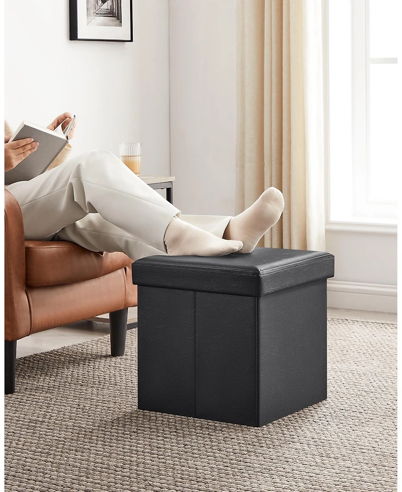 Songmics Home Folding Synthetic Leather Storage Ottoman Cube, Black