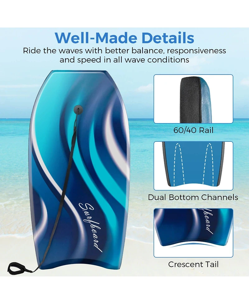 37" Lightweight Body Board with Eps Core Xpe Deck Hdpe Bottom Crescent Tail