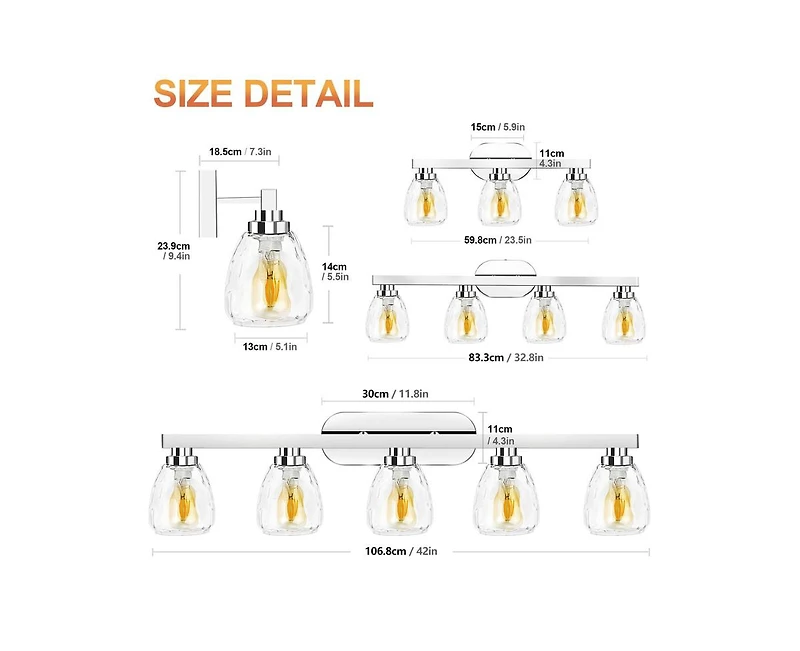 gaomon 4 Light Bathroom Light Fixtures Chrome with Hammered Glass Shade, Vanity Lighting Fixtures Over Mirror Wall Mount E26 Socket for Hallway Kitche