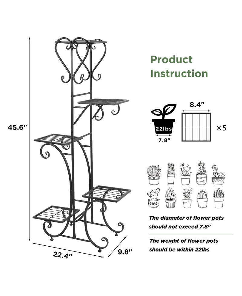 Unho 5 Tier Tall Plant Stand Metal Shelf Flower Pots Display Holder Outdoor Garden