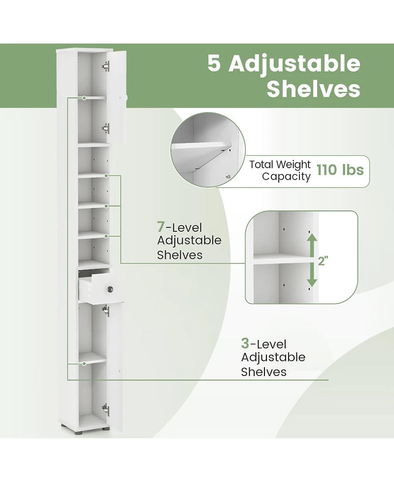 Gymax Tall Slim Bathroom Storage Cabinet Linen Tower w/ Drawer & Adjustable Shelves
