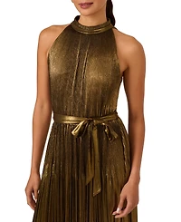 Adrianna Papell Women's Metallic Pleated Tie-Waist Halter Dress